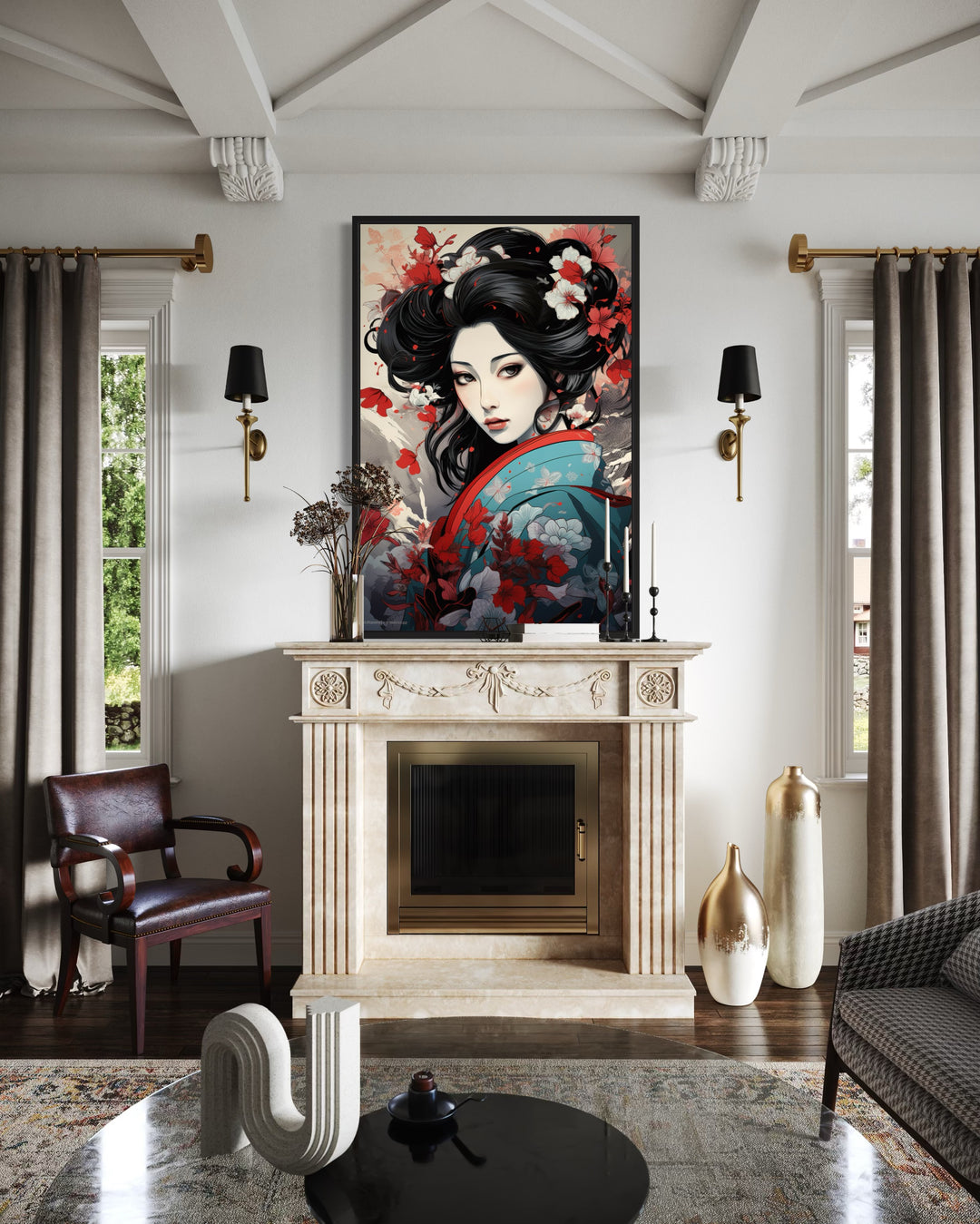 Ukiyo-e Style Geisha Portrait Framed Canvas Wall Art