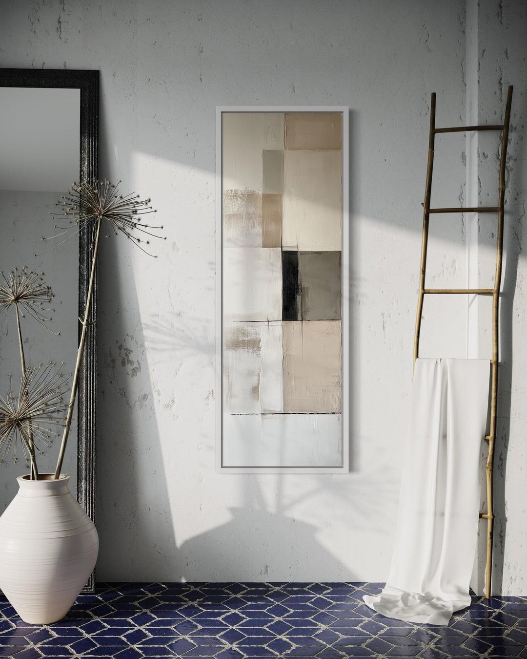 Vertical Abstract Neutral Geometric Beige Black And White Wall Art