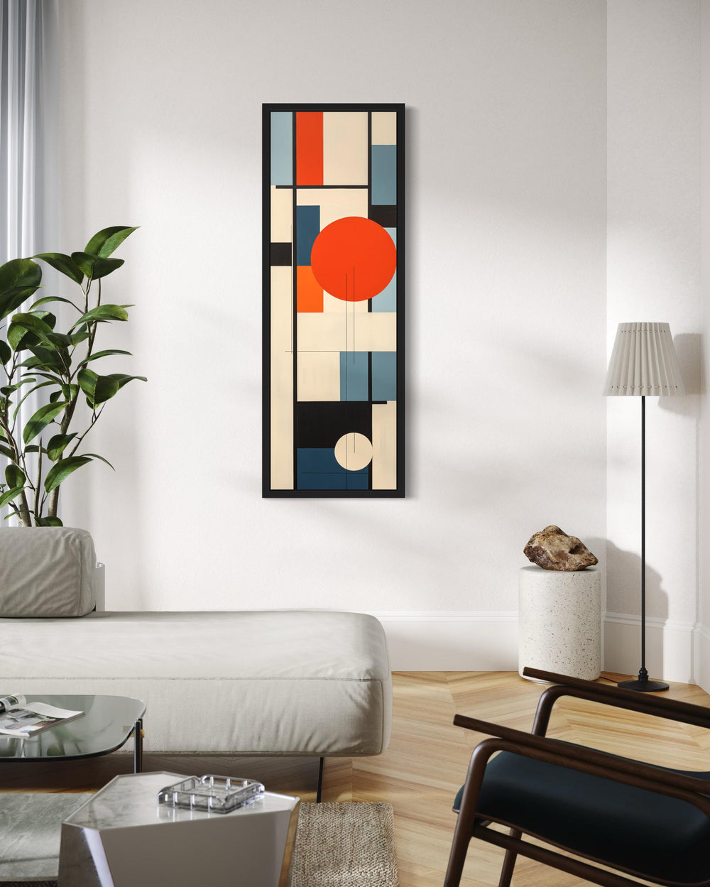 Vertical Mid Century Modern Wall Art, Colorful Geometric Abstract Canvas Print With Red Circle