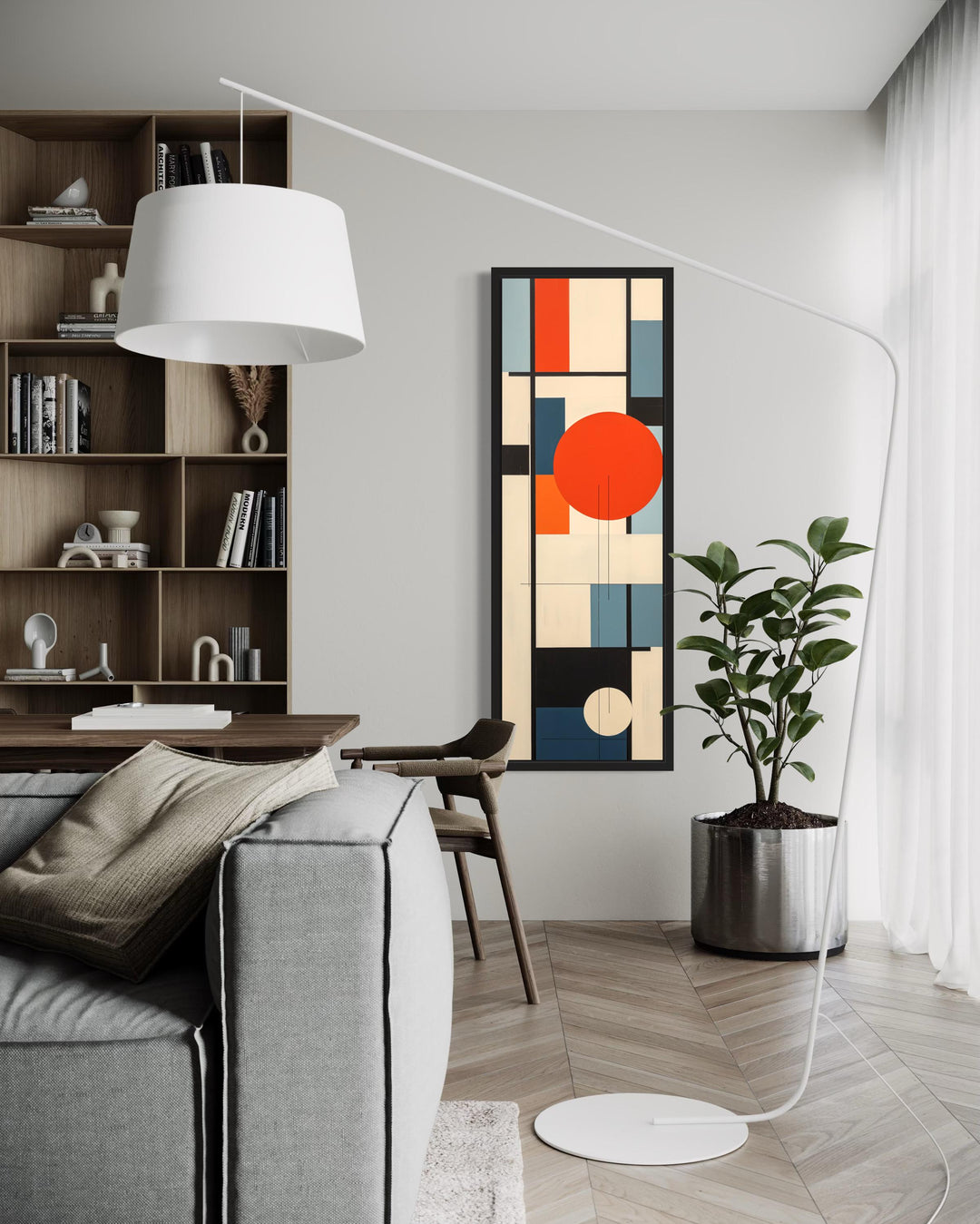 Vertical Mid Century Modern Wall Art, Colorful Geometric Abstract Canvas Print With Red Circle