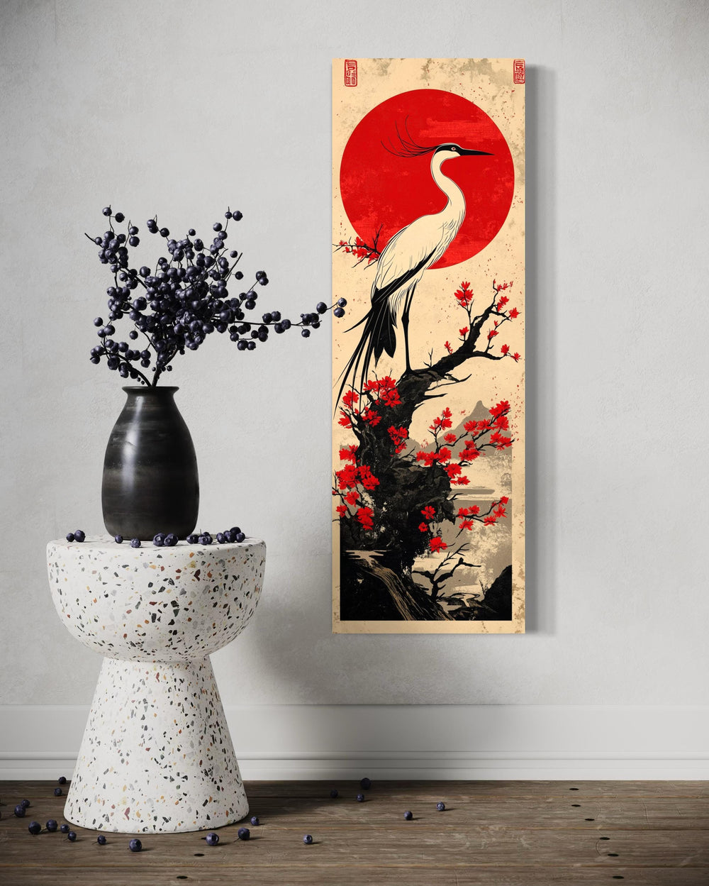 Vertical Narro Japanese Crane Framed Canvas Wall Art