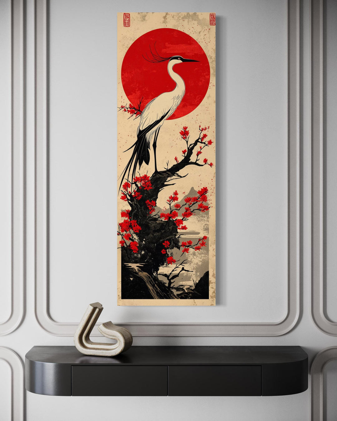 Vertical Narro Japanese Crane Framed Canvas Wall Art