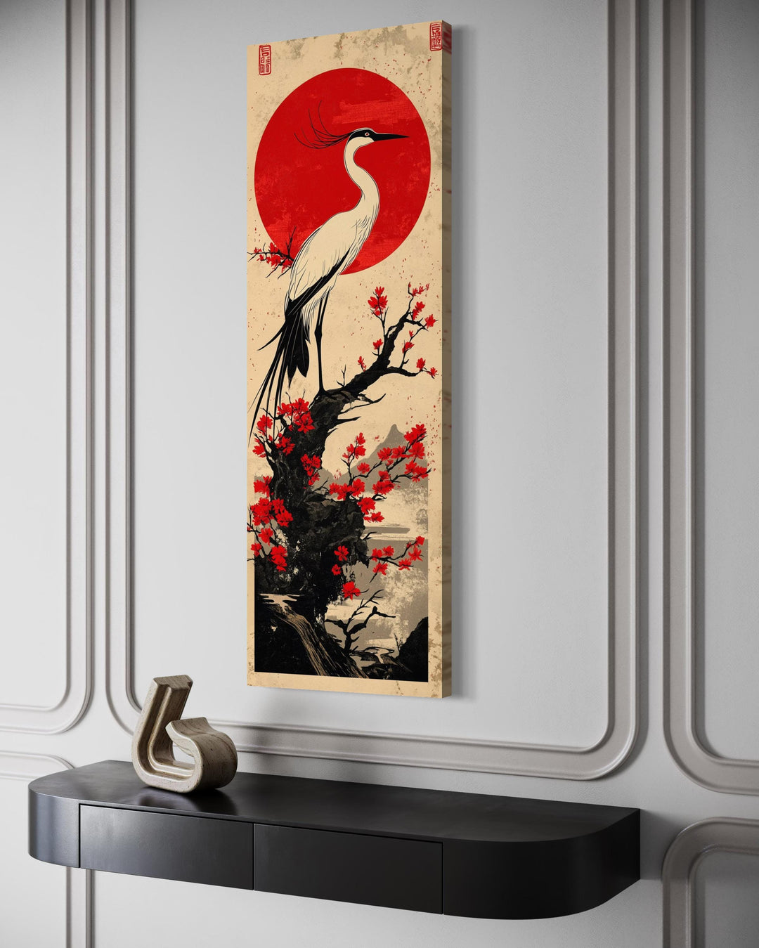 Vertical Narro Japanese Crane Framed Canvas Wall Art