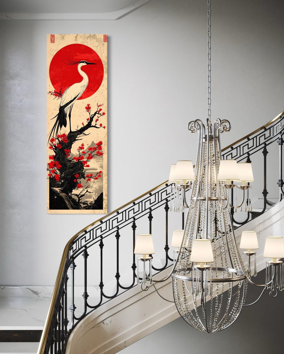 Vertical Narro Japanese Crane Framed Canvas Wall Art