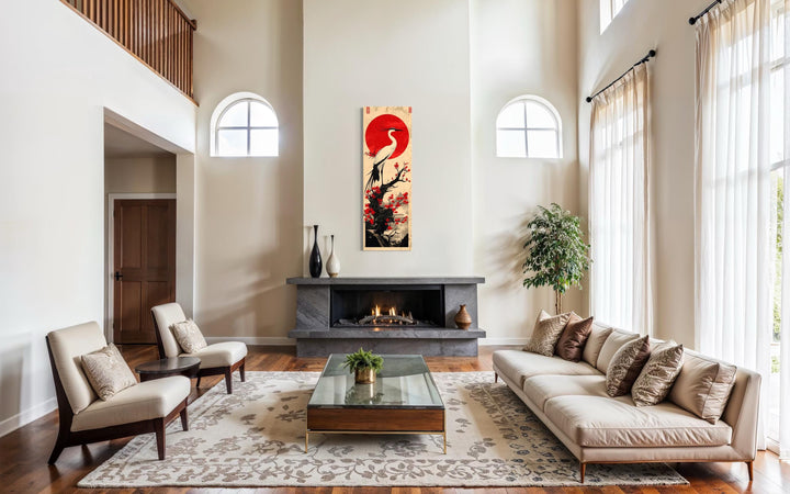 Vertical Narro Japanese Crane Framed Canvas Wall Art