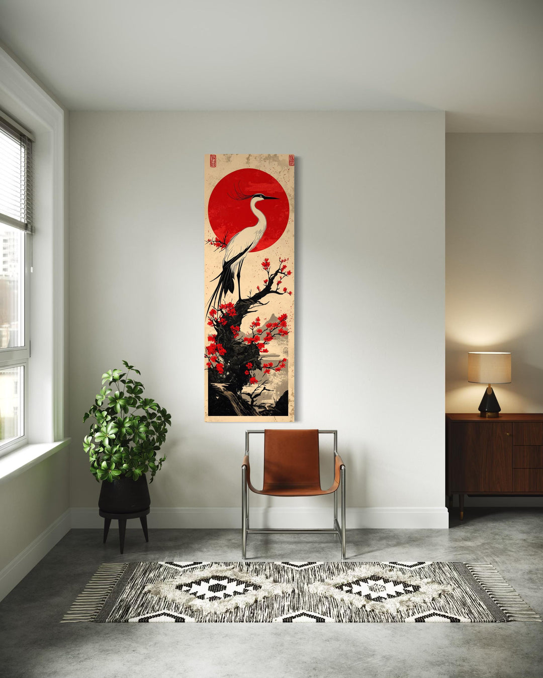 Vertical Narro Japanese Crane Framed Canvas Wall Art