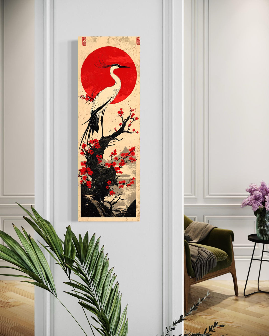 Vertical Narro Japanese Crane Framed Canvas Wall Art