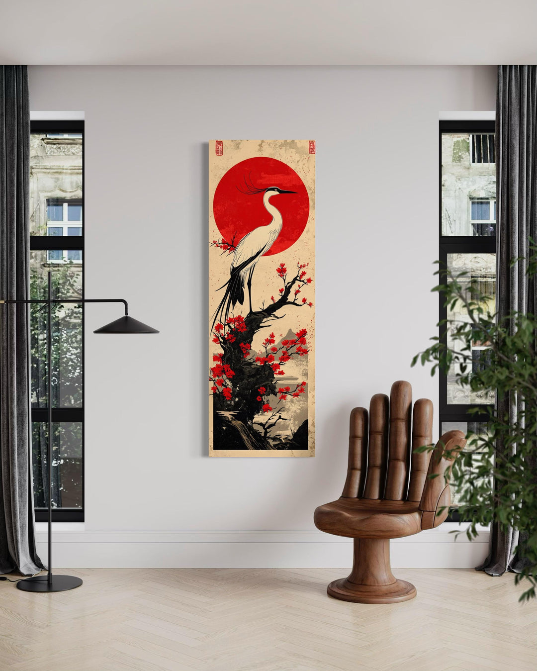 Vertical Narro Japanese Crane Framed Canvas Wall Art