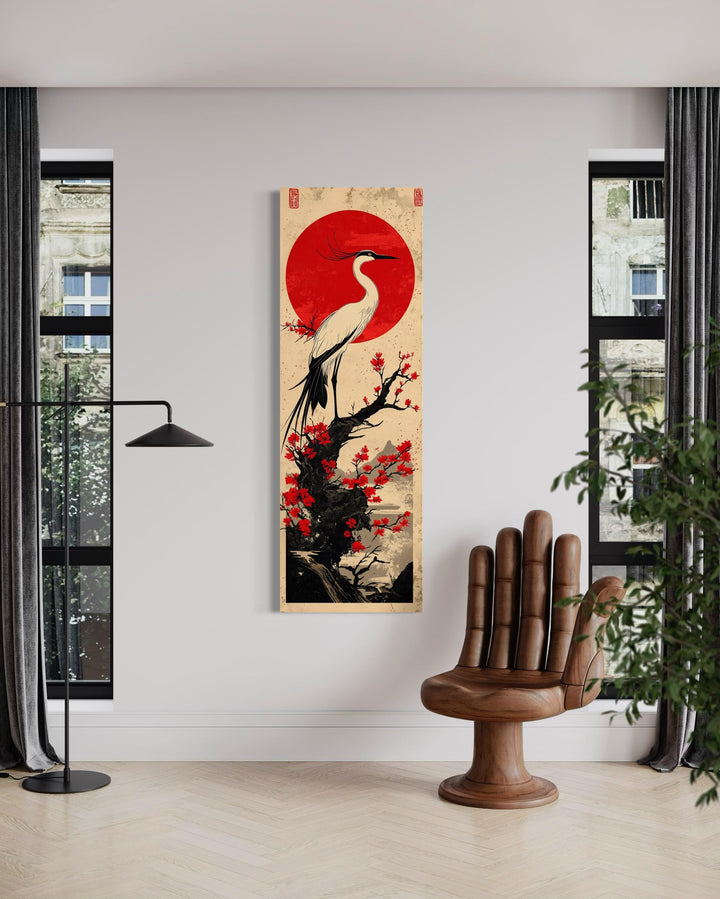 Vertical Narro Japanese Crane Framed Canvas Wall Art