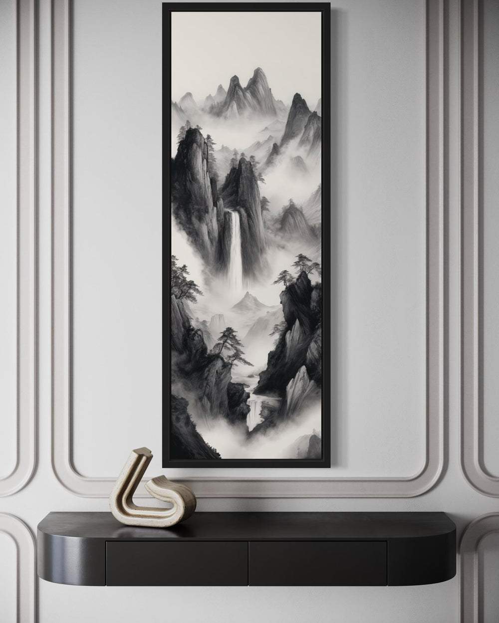 Vertical Narrow Chinese Mountain Landscape Canvas Wall Art