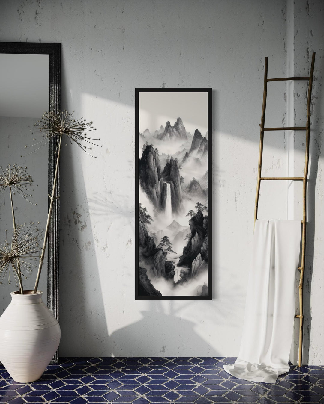 Vertical Narrow Chinese Mountain Landscape Canvas Wall Art