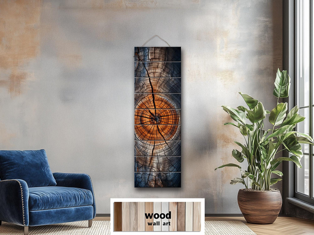 Vertical Narrow Tree Rings Real Wood Wall Art