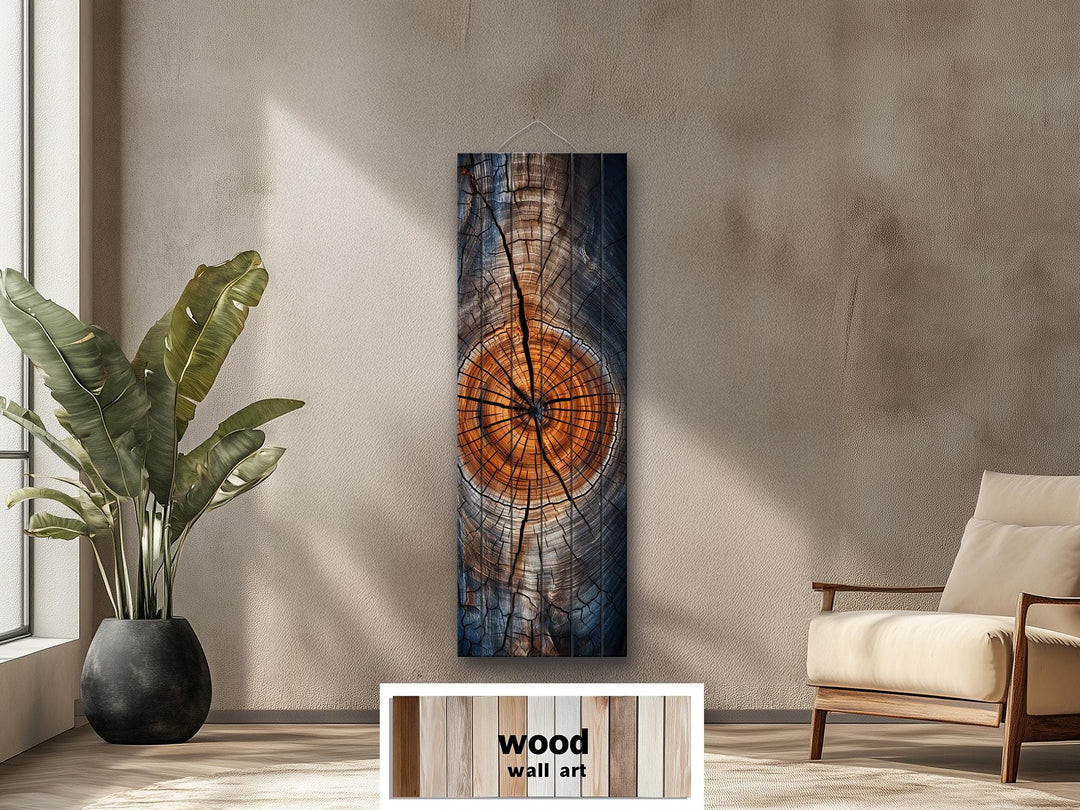 Vertical Narrow Tree Rings Real Wood Wall Art