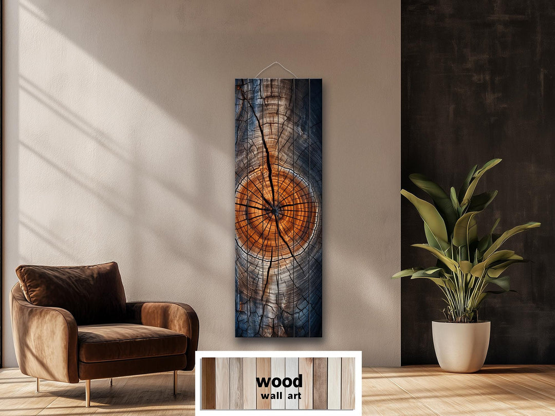 Vertical Narrow Tree Rings Real Wood Wall Art