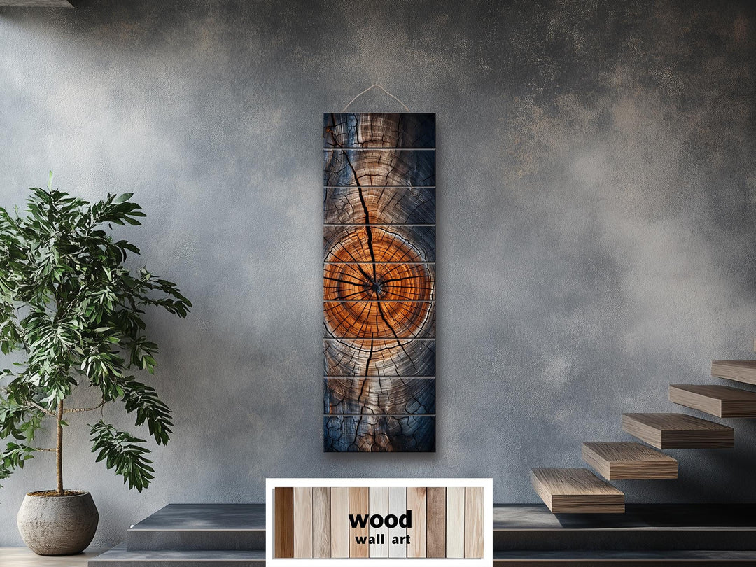 Vertical Narrow Tree Rings Real Wood Wall Art