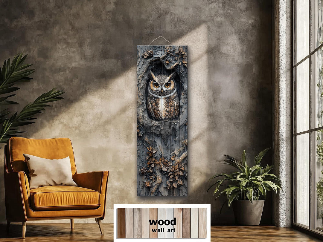 Vertical Owl In A Tree Real Wood Wall Art for Cabin Decor