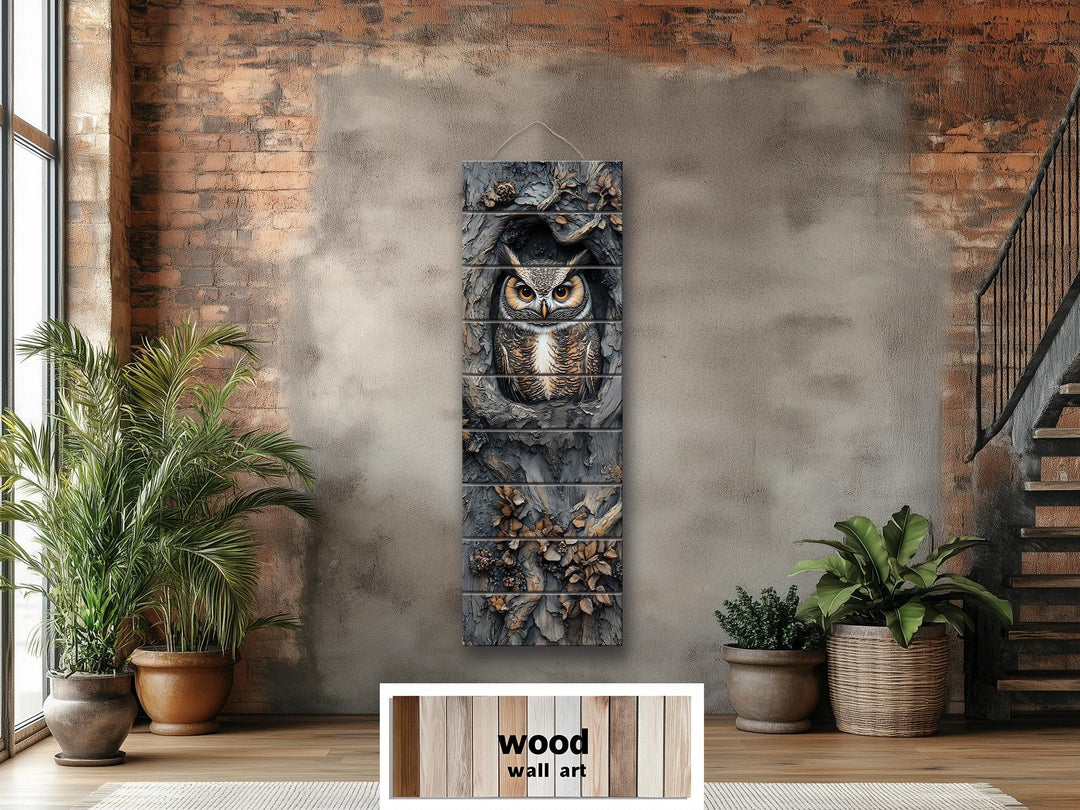 Vertical Owl In A Tree Real Wood Wall Art for Cabin Decor