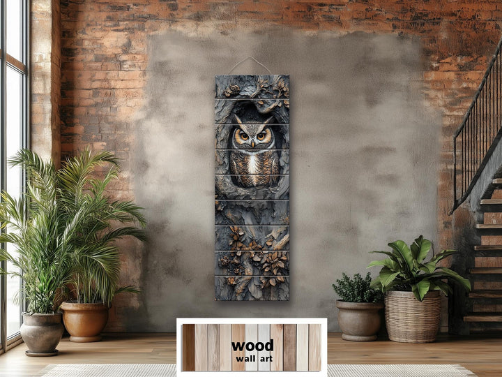 Vertical Owl In A Tree Real Wood Wall Art for Cabin Decor