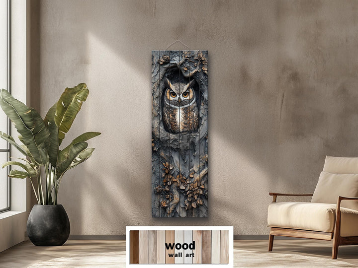 Vertical Owl In A Tree Real Wood Wall Art for Cabin Decor