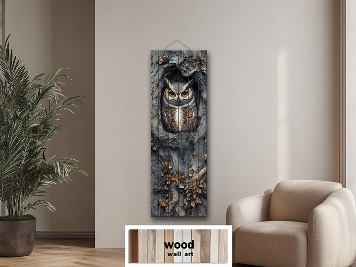 Vertical Owl In A Tree Real Wood Wall Art for Cabin Decor
