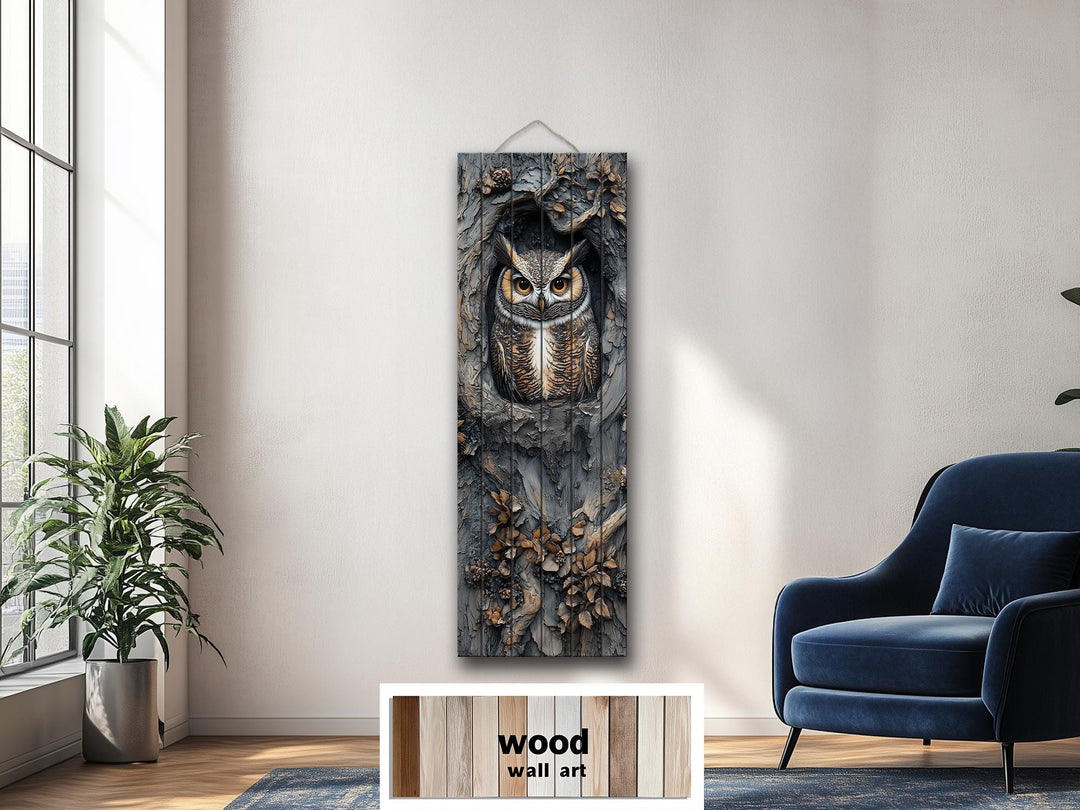 Vertical Owl In A Tree Real Wood Wall Art for Cabin Decor