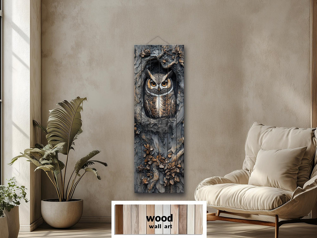 Vertical Owl In A Tree Real Wood Wall Art for Cabin Decor