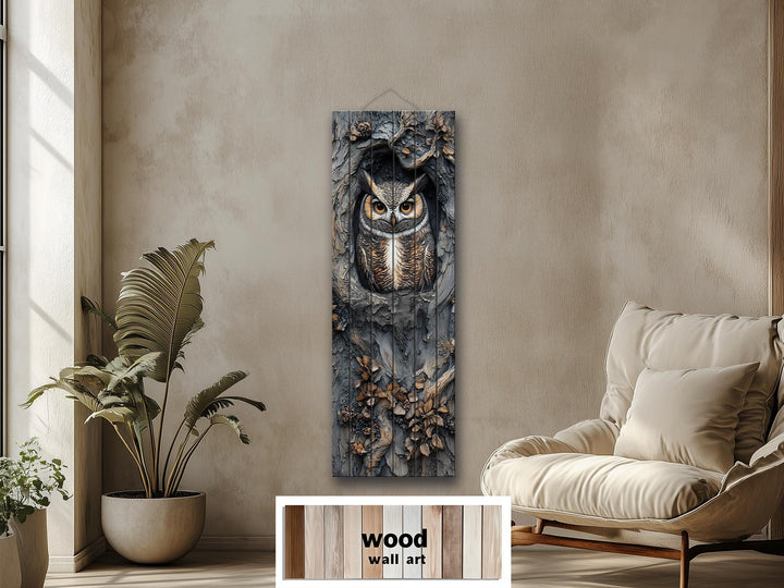 Vertical Owl In A Tree Real Wood Wall Art for Cabin Decor