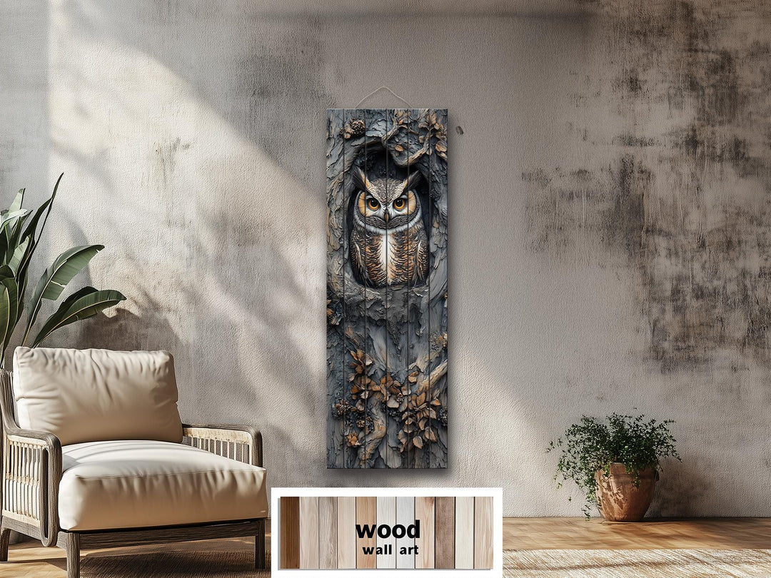 Vertical Owl In A Tree Real Wood Wall Art for Cabin Decor