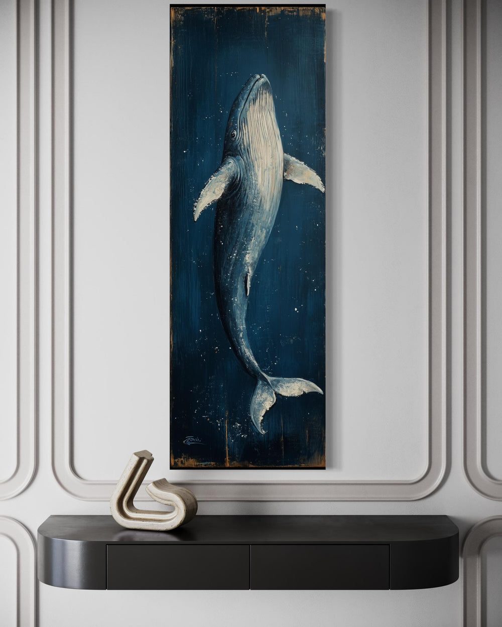 Vertical Tall Narrow Blue Whale Nautical Canvas Wall Art