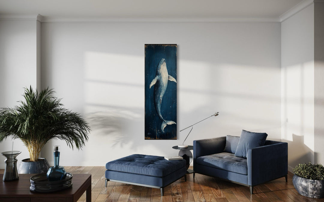 Vertical Tall Narrow Blue Whale Nautical Canvas Wall Art