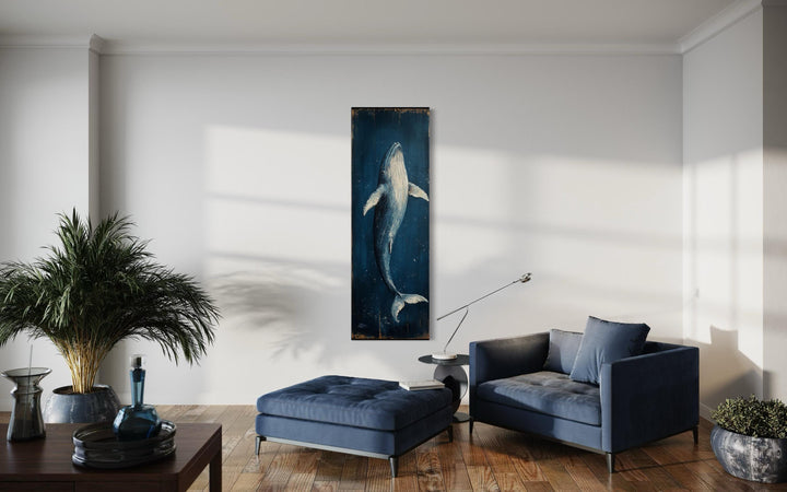 Vertical Tall Narrow Blue Whale Nautical Canvas Wall Art