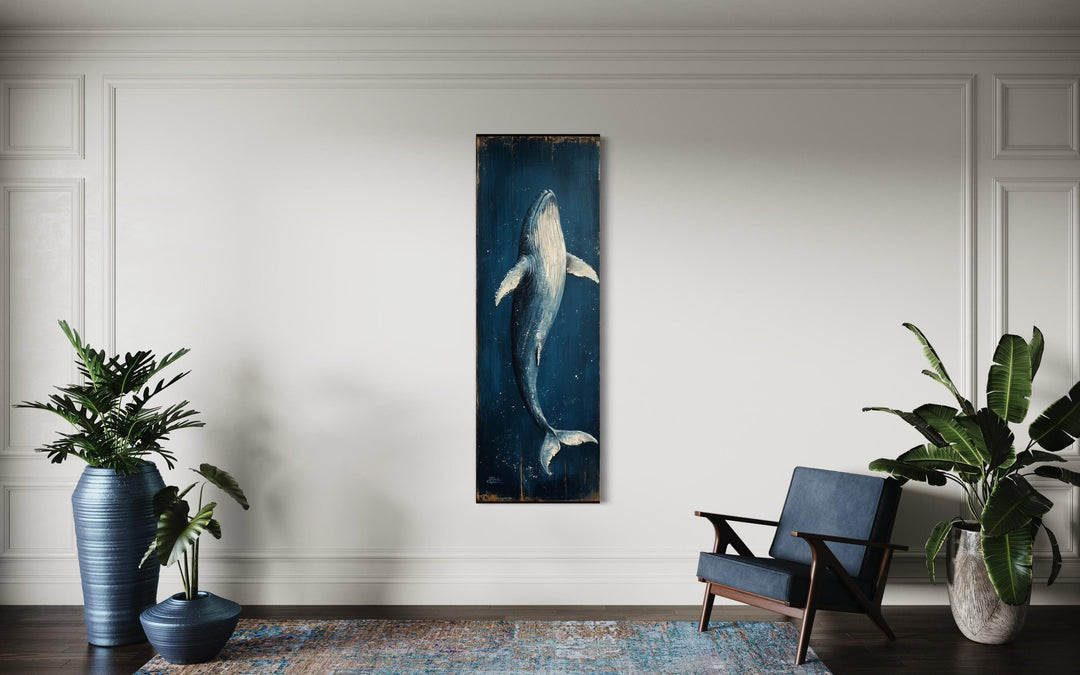 Vertical Tall Narrow Blue Whale Nautical Canvas Wall Art