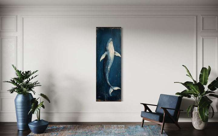 Vertical Tall Narrow Blue Whale Nautical Canvas Wall Art