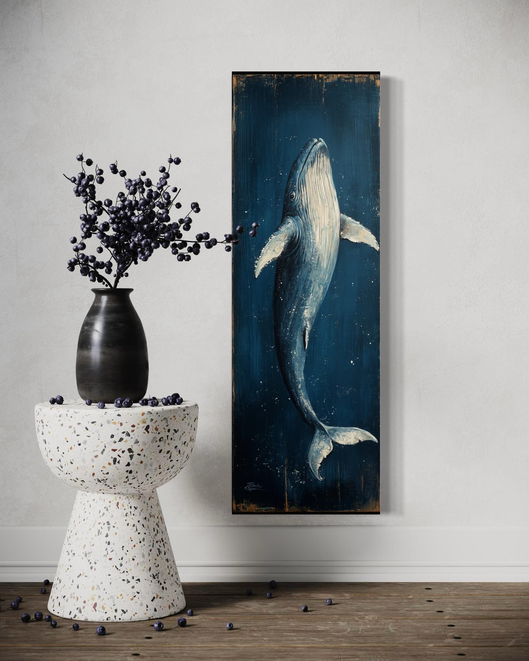 Vertical Tall Narrow Blue Whale Nautical Canvas Wall Art