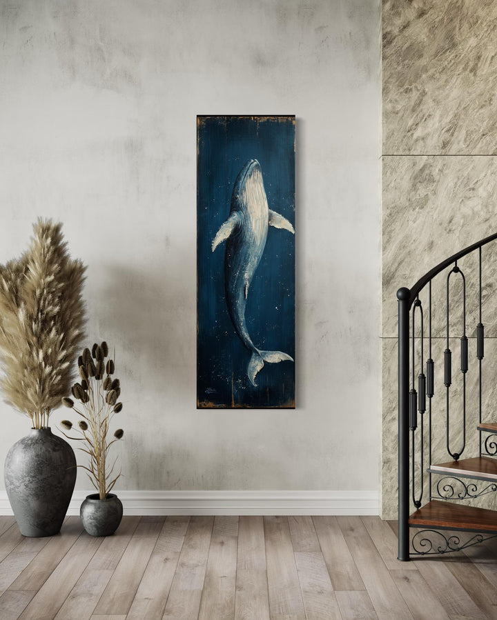 Vertical Tall Narrow Blue Whale Nautical Canvas Wall Art