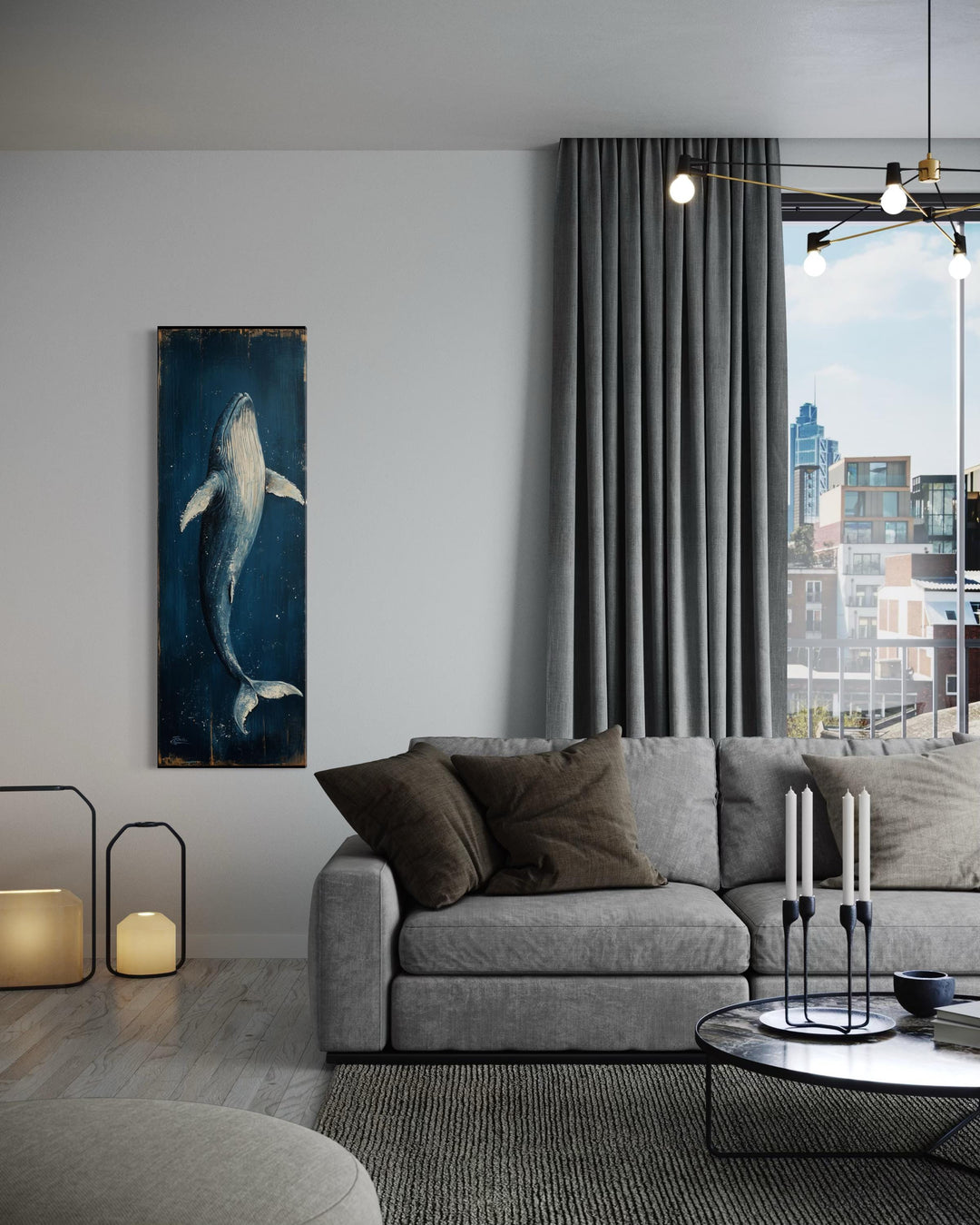 Vertical Tall Narrow Blue Whale Nautical Canvas Wall Art