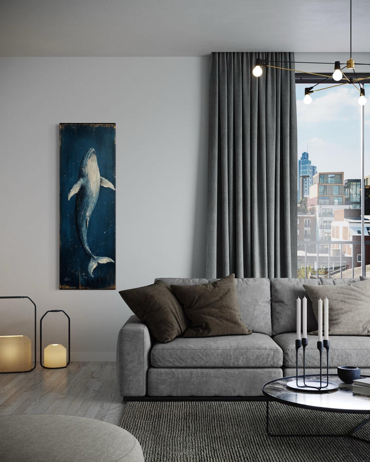 Vertical Tall Narrow Blue Whale Nautical Canvas Wall Art