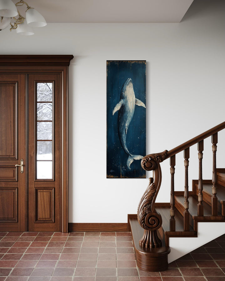 Vertical Tall Narrow Blue Whale Nautical Canvas Wall Art