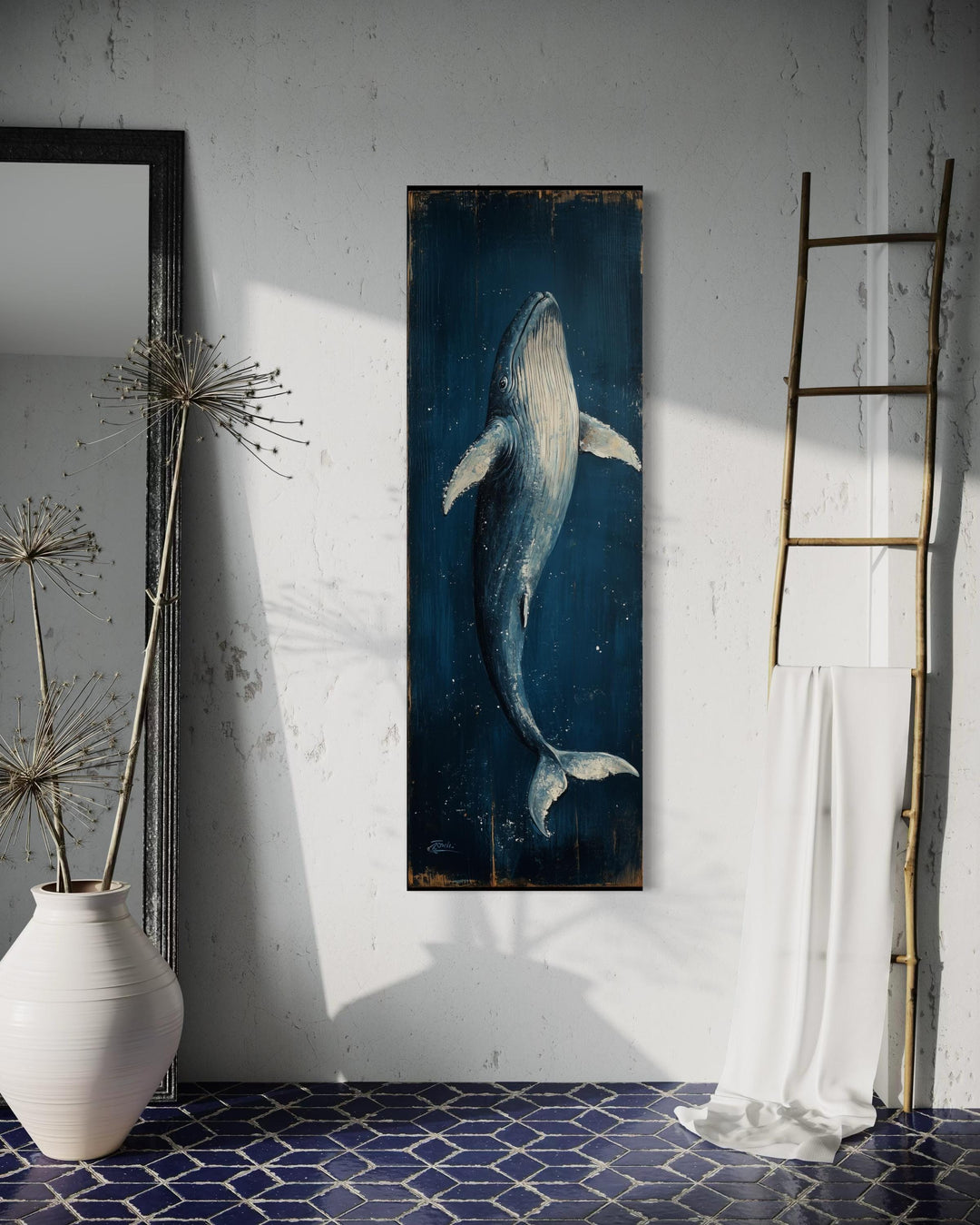 Vertical Tall Narrow Blue Whale Nautical Canvas Wall Art