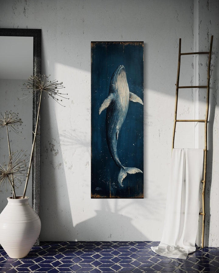 Vertical Tall Narrow Blue Whale Nautical Canvas Wall Art