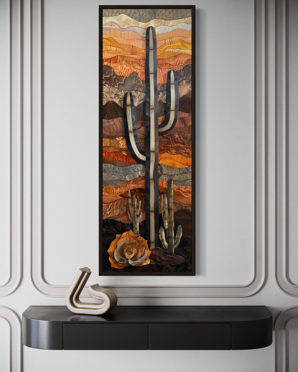 Vertical Tall Narrow Saguaro Cactus Layered Wood Style Framed Canvas Wall Art