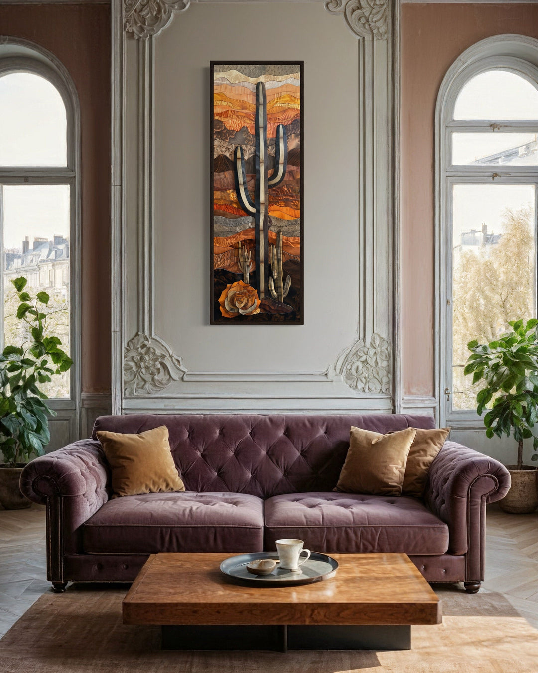 Vertical Tall Narrow Saguaro Cactus Layered Wood Style Framed Canvas Wall Art