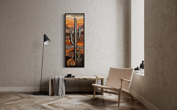 Vertical Tall Narrow Saguaro Cactus Layered Wood Style Framed Canvas Wall Art