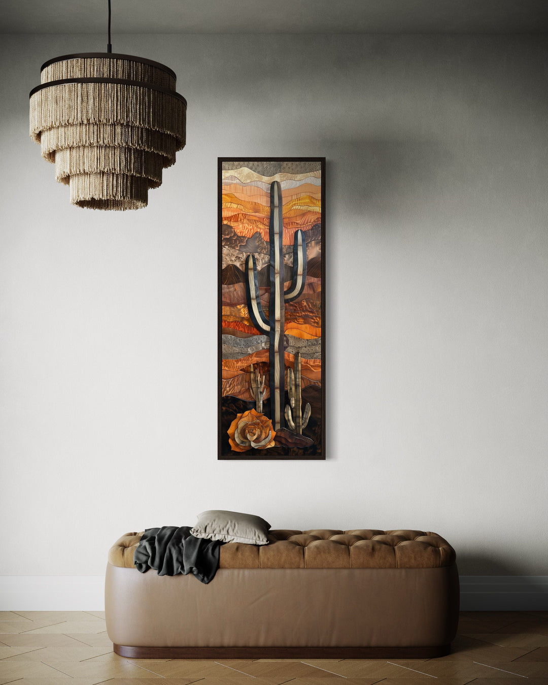 Vertical Tall Narrow Saguaro Cactus Layered Wood Style Framed Canvas Wall Art