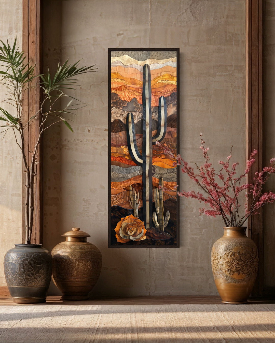 Vertical Tall Narrow Saguaro Cactus Layered Wood Style Framed Canvas Wall Art
