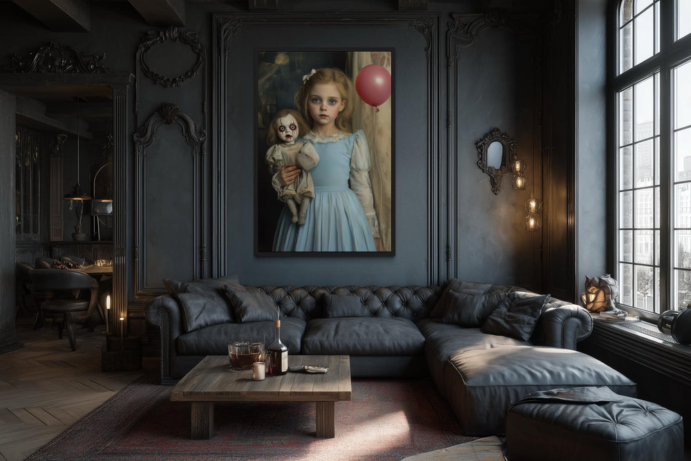Victorian Girl with Creepy Clown Doll and Red Balloon Framed Canvas Wall Art