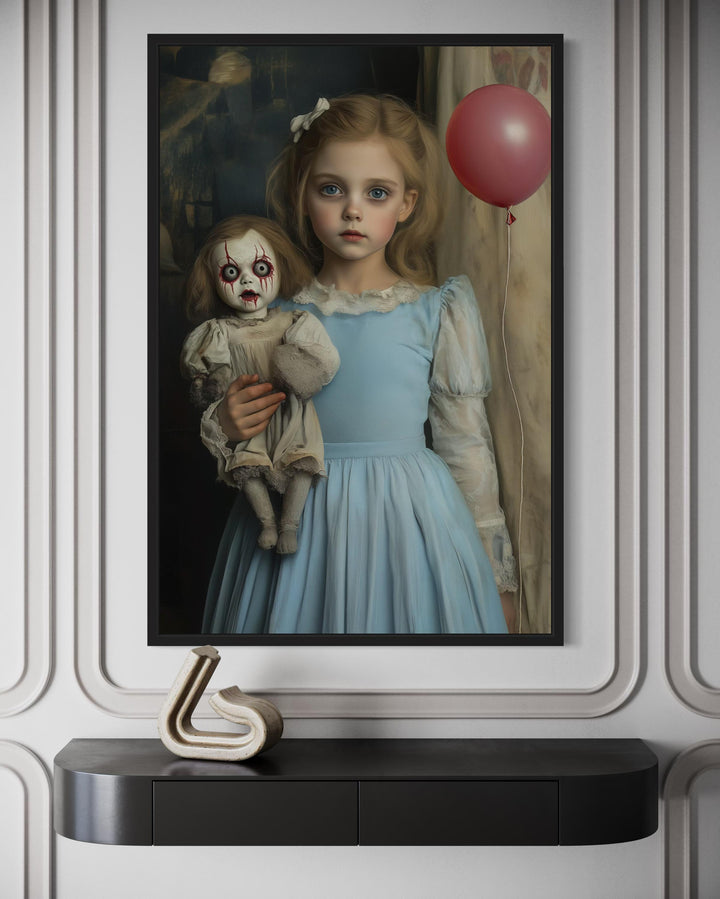 Victorian Girl with Creepy Clown Doll and Red Balloon Framed Canvas Wall Art