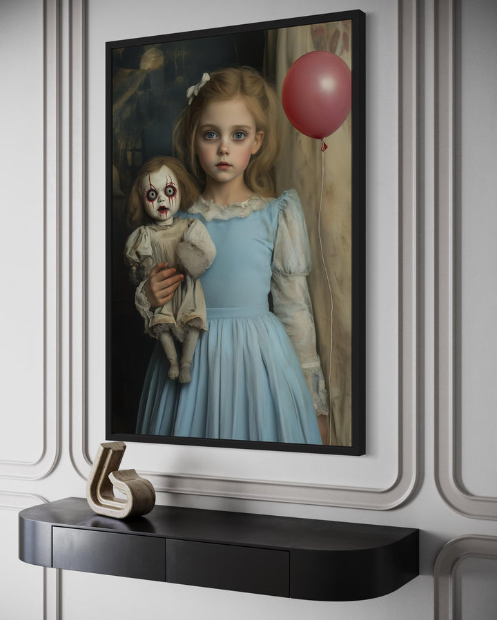 Victorian Girl with Creepy Clown Doll and Red Balloon Framed Canvas Wall Art