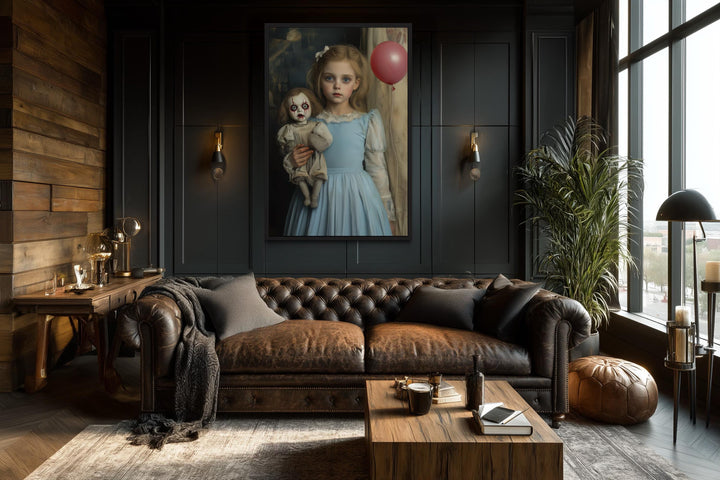 Victorian Girl with Creepy Clown Doll and Red Balloon Framed Canvas Wall Art
