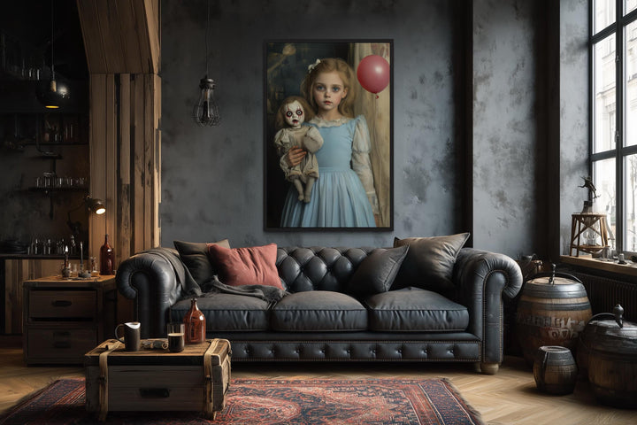 Victorian Girl with Creepy Clown Doll and Red Balloon Framed Canvas Wall Art